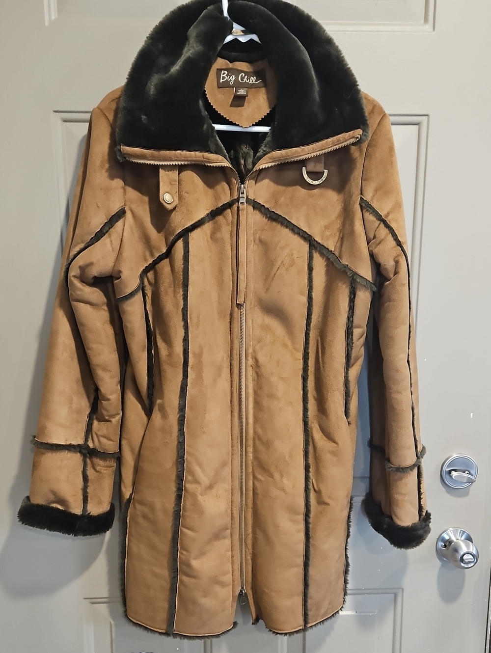 Big Chill Tan Faux-Suede Trench Coat with Dark Brown Trim